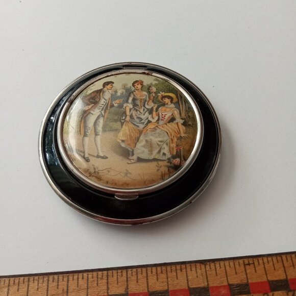 Vintage Black Enamel Round "CG" Compact with Victorian Picture Mirror Makeup - Picture 1 of 10